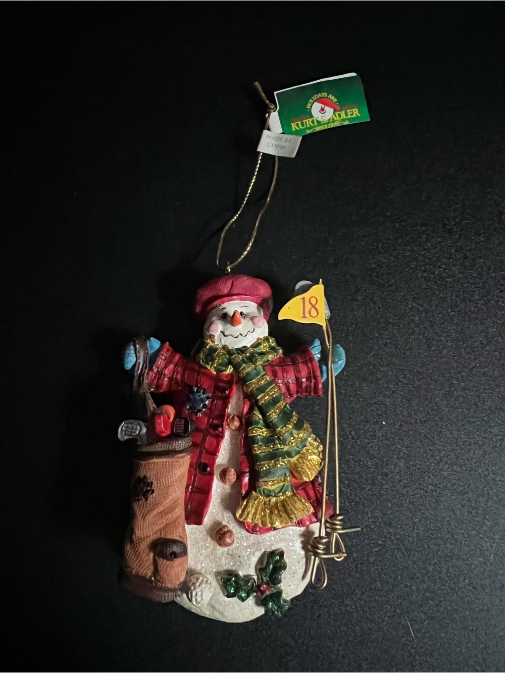 Kurt Adler Red Snowman Golfer Ornament with Green Scarf and Yellow Flag